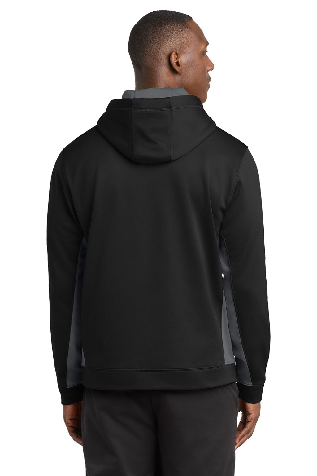 Sport-Tek ST235 Mens Sport-Wick Moisture Wicking Fleece Hooded Sweatshirt Hoodie w/ Pouch Pocket Black/Dark Smoke Grey Model Back