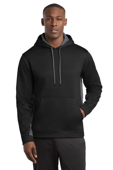 Sport-Tek ST235 Mens Sport-Wick Moisture Wicking Fleece Hooded Sweatshirt Hoodie w/ Pouch Pocket Black/Dark Smoke Grey Model Front