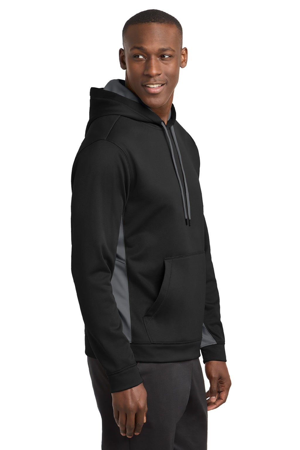 Sport-Tek ST235 Mens Sport-Wick Moisture Wicking Fleece Hooded Sweatshirt Hoodie w/ Pouch Pocket Black/Dark Smoke Grey Model Side
