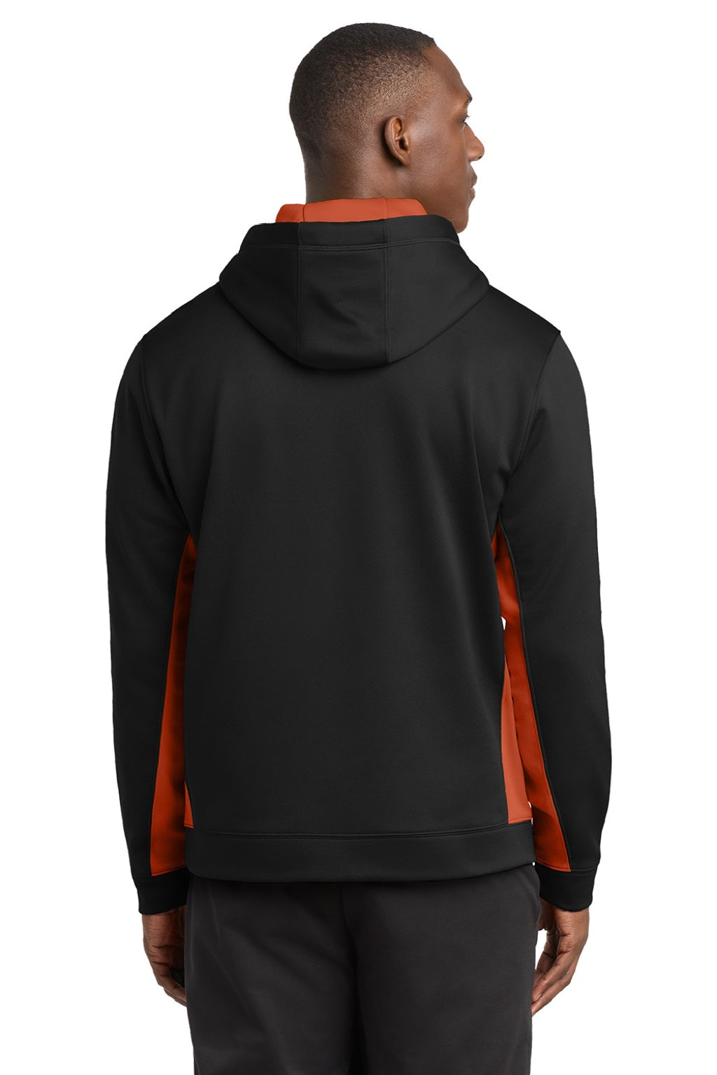 Sport-Tek ST235 Mens Sport-Wick Moisture Wicking Fleece Hooded Sweatshirt Hoodie w/ Pouch Pocket Black/Deep Orange Model Back