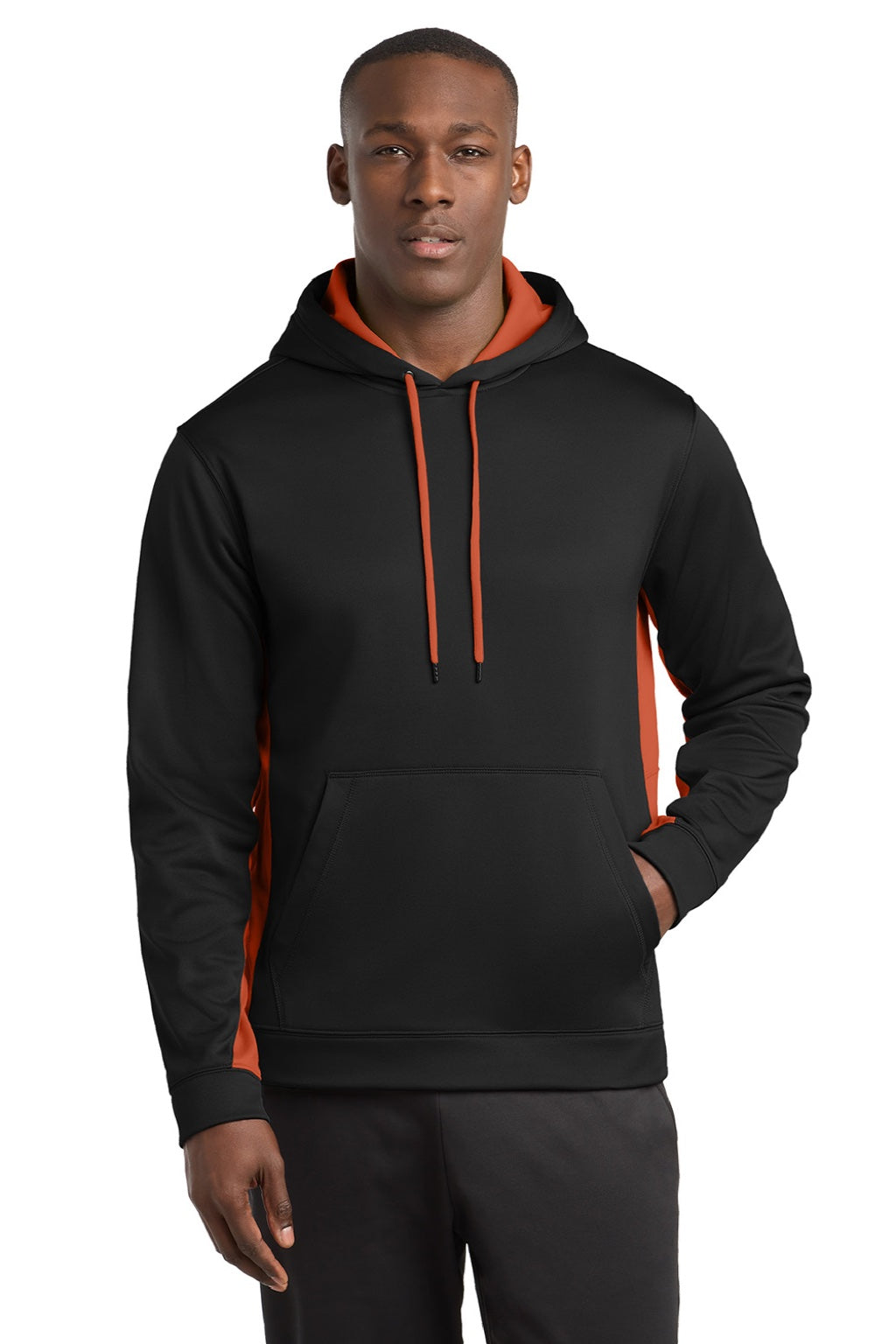 Sport-Tek ST235 Mens Sport-Wick Moisture Wicking Fleece Hooded Sweatshirt Hoodie w/ Pouch Pocket Black/Deep Orange Model Front