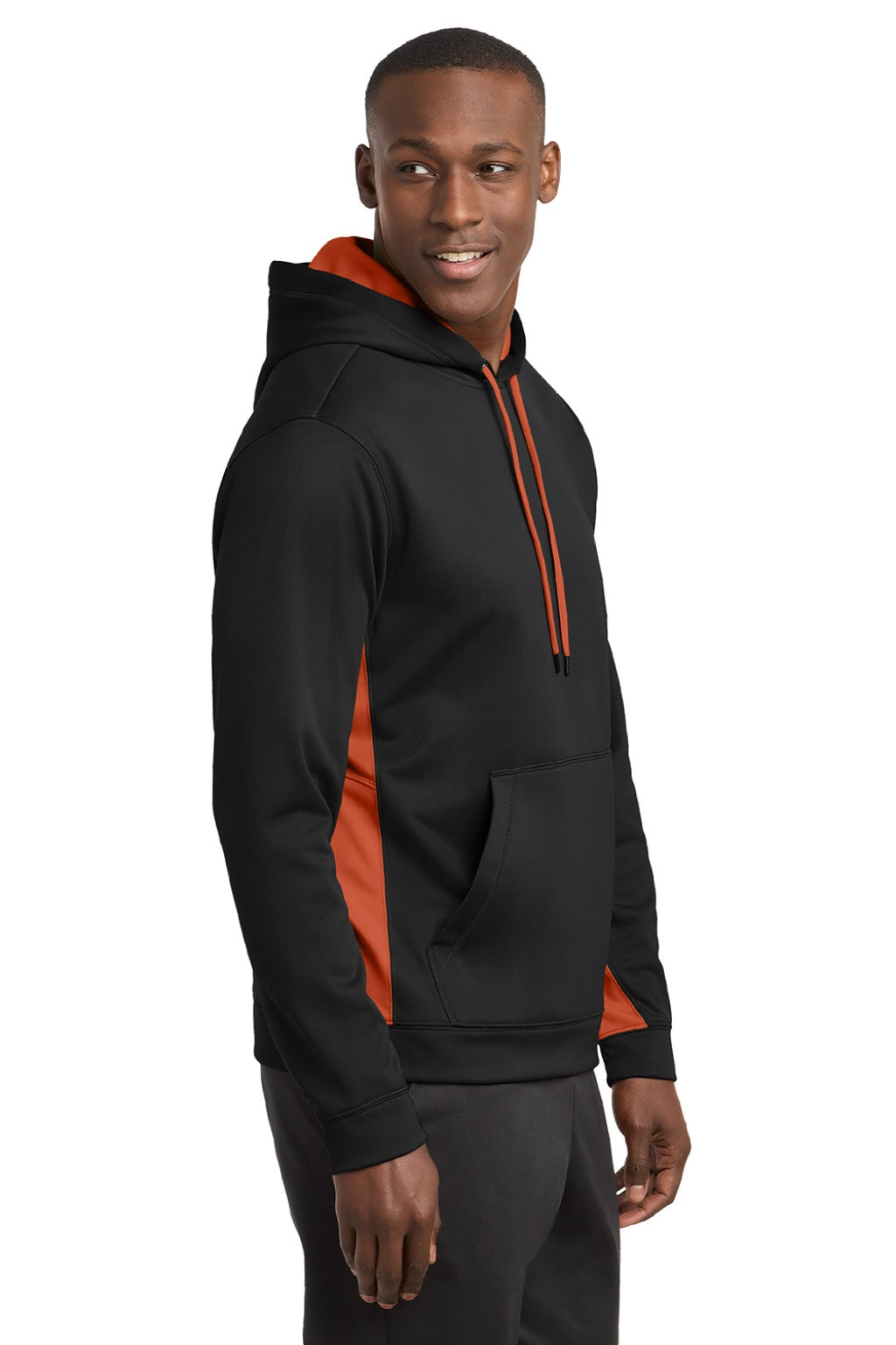 Sport-Tek ST235 Mens Sport-Wick Moisture Wicking Fleece Hooded Sweatshirt Hoodie w/ Pouch Pocket Black/Deep Orange Model Side
