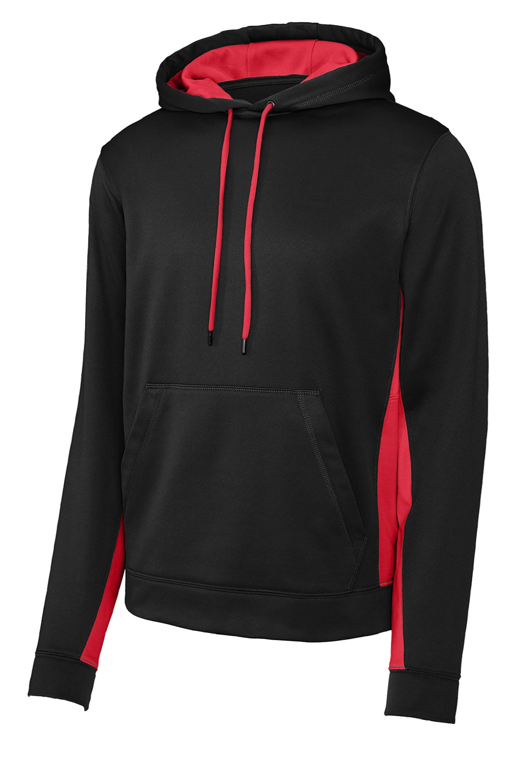 Sport-Tek ST235 Mens Sport-Wick Moisture Wicking Fleece Hooded Sweatshirt Hoodie w/ Pouch Pocket Black/Deep Red Flat Front