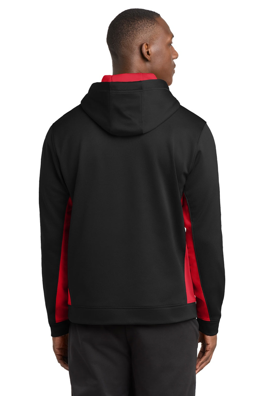 Sport-Tek ST235 Mens Sport-Wick Moisture Wicking Fleece Hooded Sweatshirt Hoodie w/ Pouch Pocket Black/Deep Red Model Back