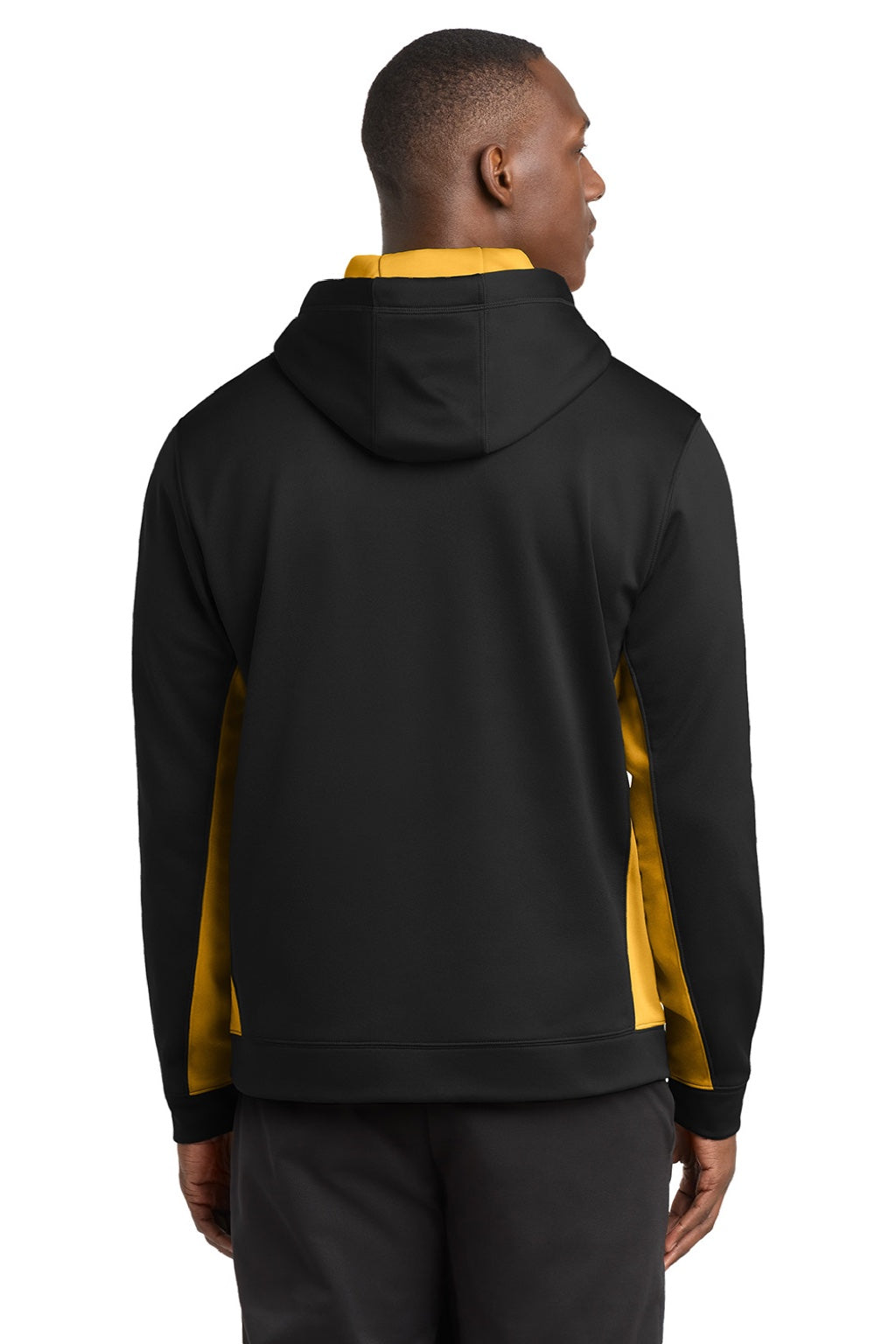 Sport-Tek ST235 Mens Sport-Wick Moisture Wicking Fleece Hooded Sweatshirt Hoodie w/ Pouch Pocket Black/Gold Model Back