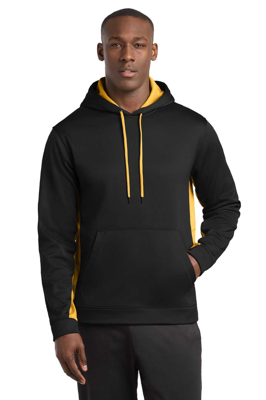 Sport-Tek ST235 Mens Sport-Wick Moisture Wicking Fleece Hooded Sweatshirt Hoodie w/ Pouch Pocket Black/Gold Model Front
