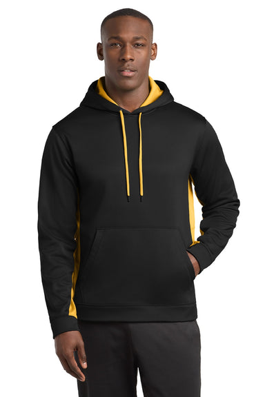 Sport-Tek ST235 Mens Sport-Wick Moisture Wicking Fleece Hooded Sweatshirt Hoodie w/ Pouch Pocket Black/Gold Model Front
