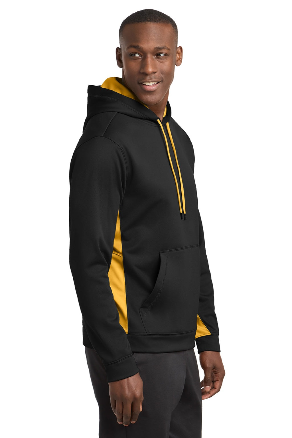 Sport-Tek ST235 Mens Sport-Wick Moisture Wicking Fleece Hooded Sweatshirt Hoodie w/ Pouch Pocket Black/Gold Model Side