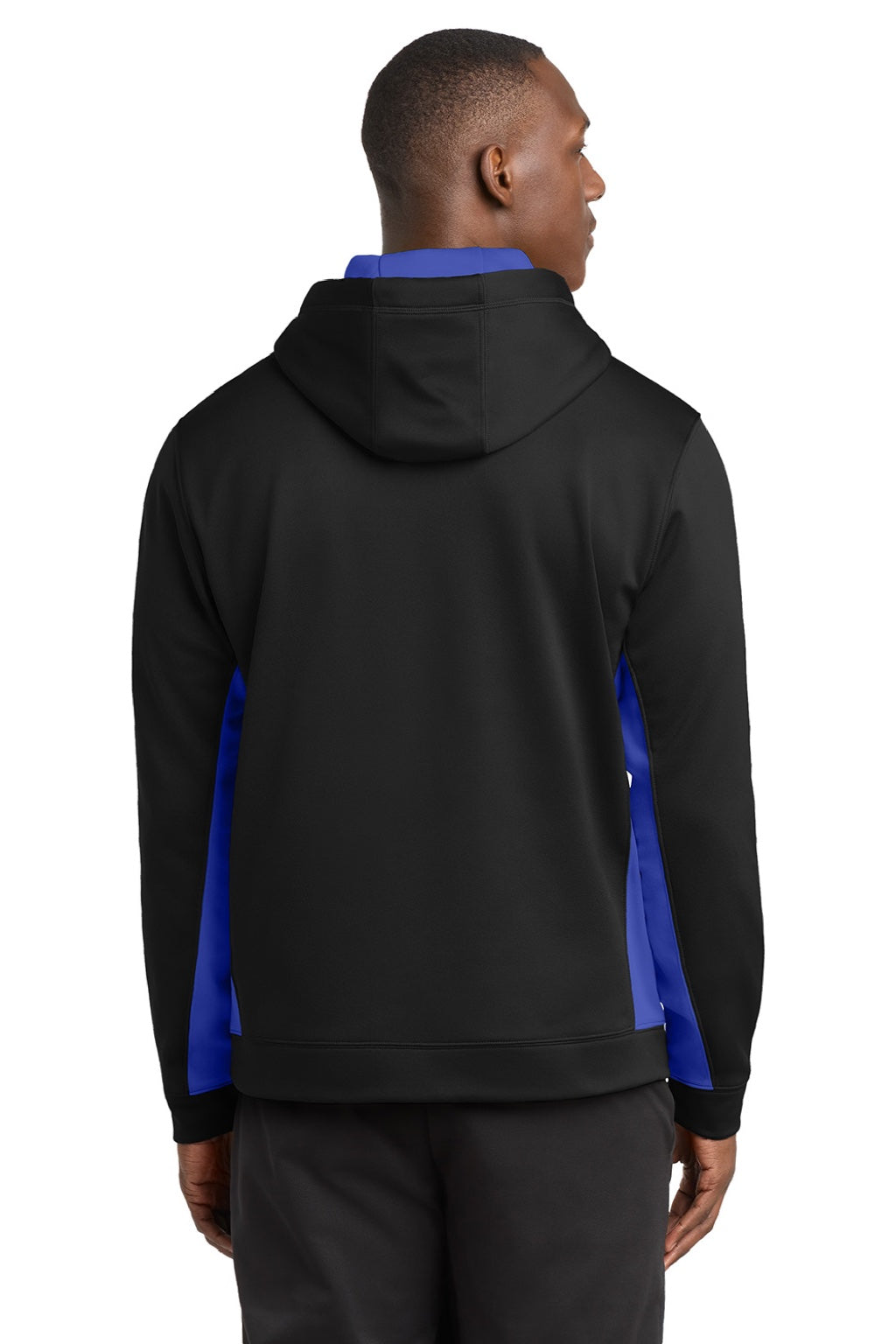 Sport-Tek ST235 Mens Sport-Wick Moisture Wicking Fleece Hooded Sweatshirt Hoodie w/ Pouch Pocket Black/True Royal Blue Model Back