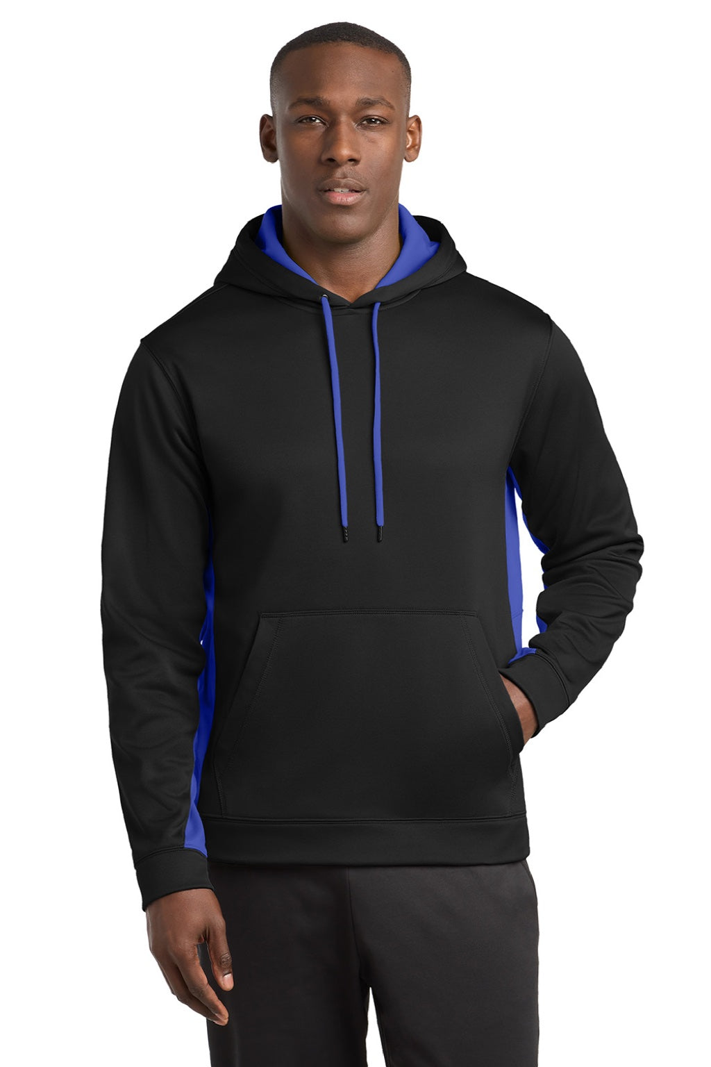 Sport-Tek ST235 Mens Sport-Wick Moisture Wicking Fleece Hooded Sweatshirt Hoodie w/ Pouch Pocket Black/True Royal Blue Model Front