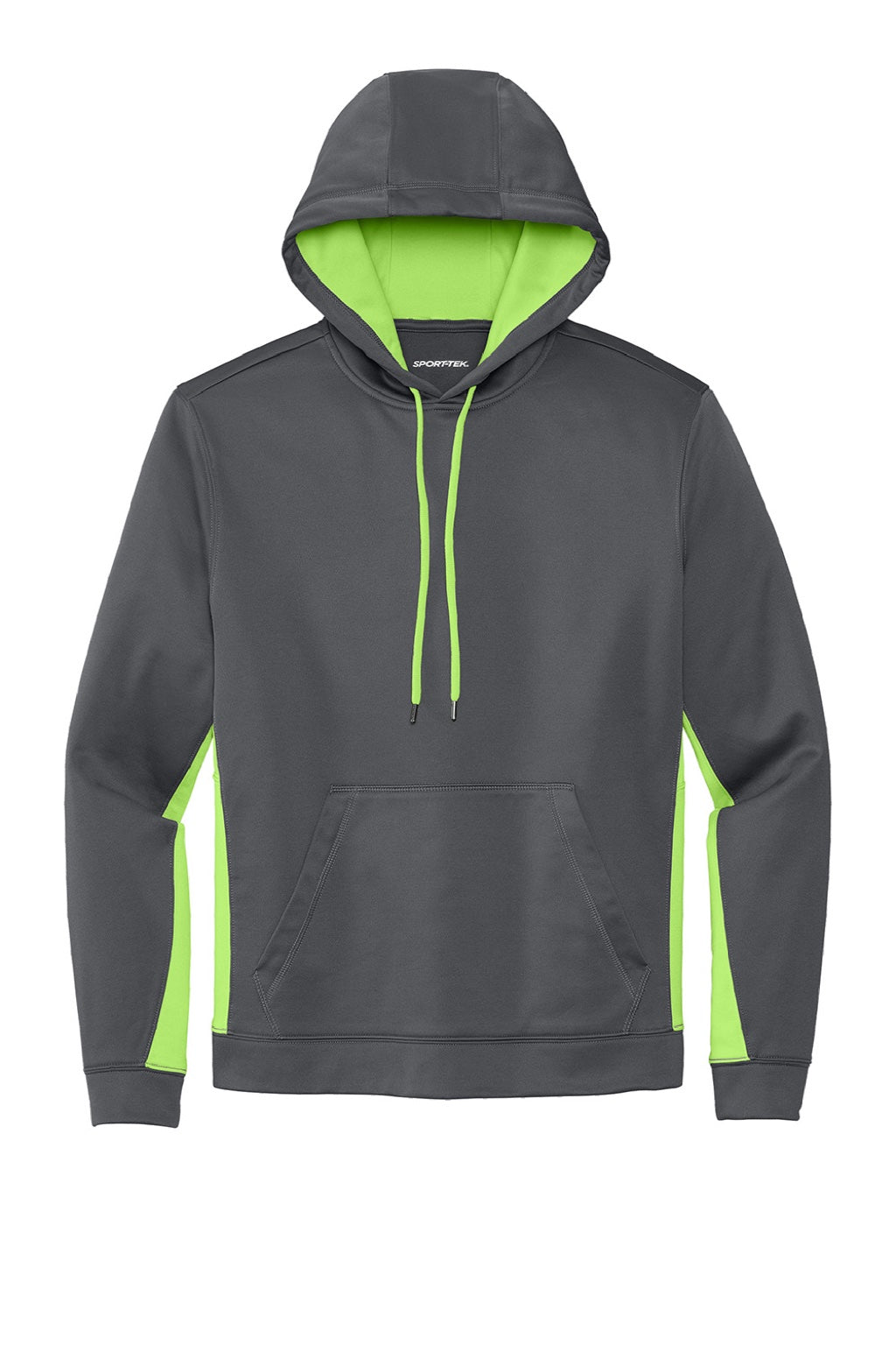 Sport-Tek ST235 Mens Sport-Wick Moisture Wicking Fleece Hooded Sweatshirt Hoodie w/ Pouch Pocket Dark Smoke Grey/Lime Shock Green Flat Front