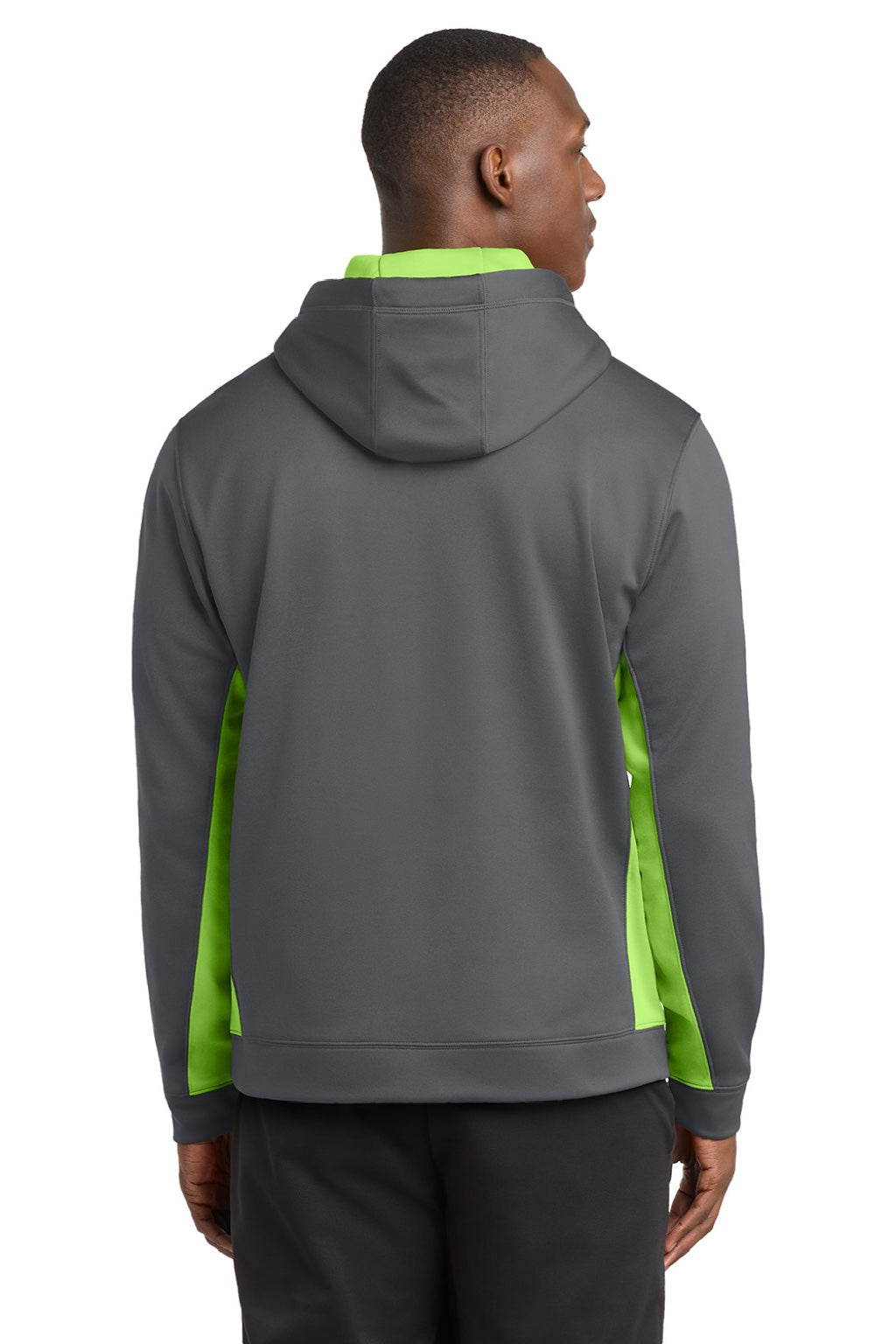 Sport-Tek ST235 Mens Sport-Wick Moisture Wicking Fleece Hooded Sweatshirt Hoodie w/ Pouch Pocket Dark Smoke Grey/Lime Shock Green Model Back