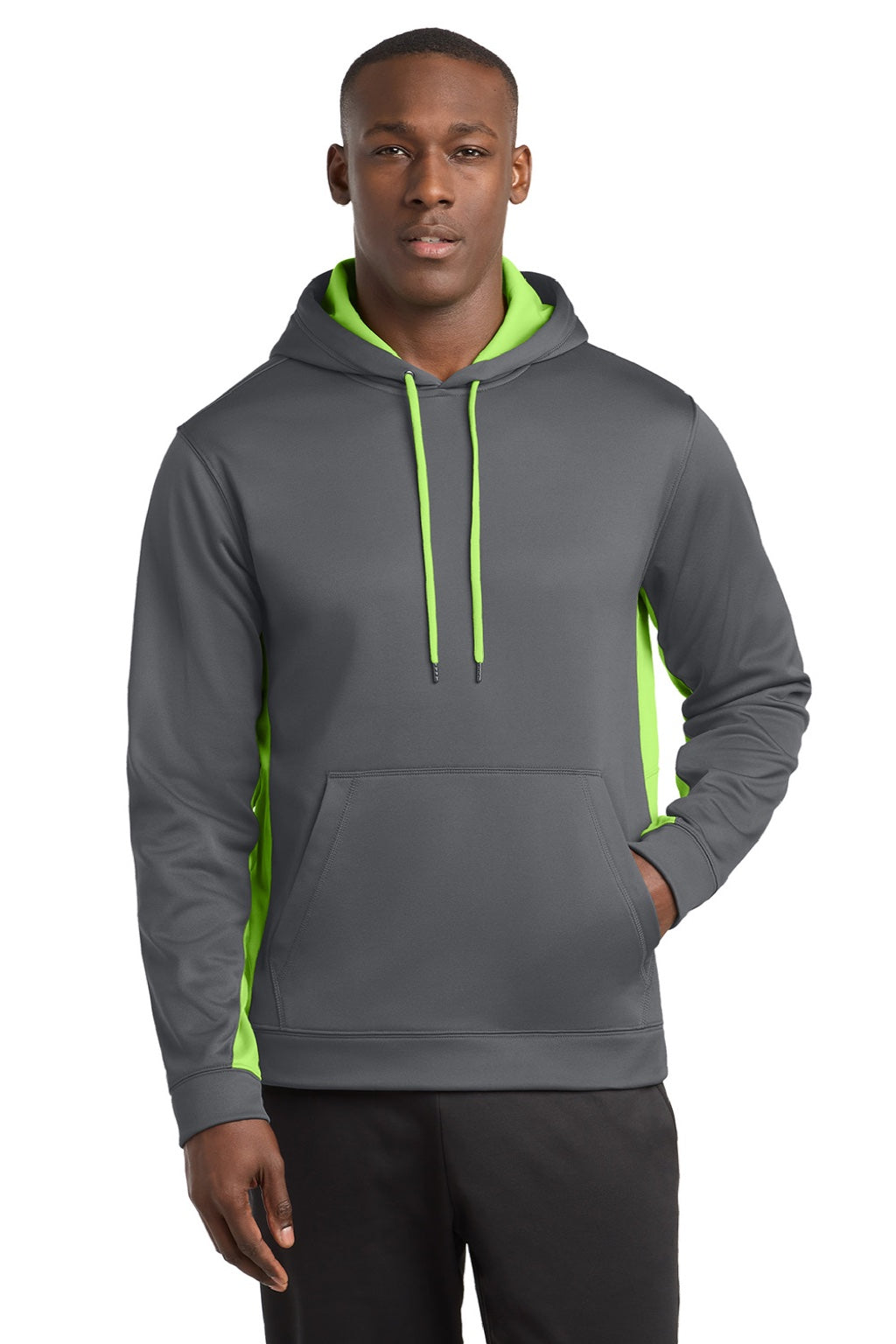 Sport-Tek ST235 Mens Sport-Wick Moisture Wicking Fleece Hooded Sweatshirt Hoodie w/ Pouch Pocket Dark Smoke Grey/Lime Shock Green Model Front