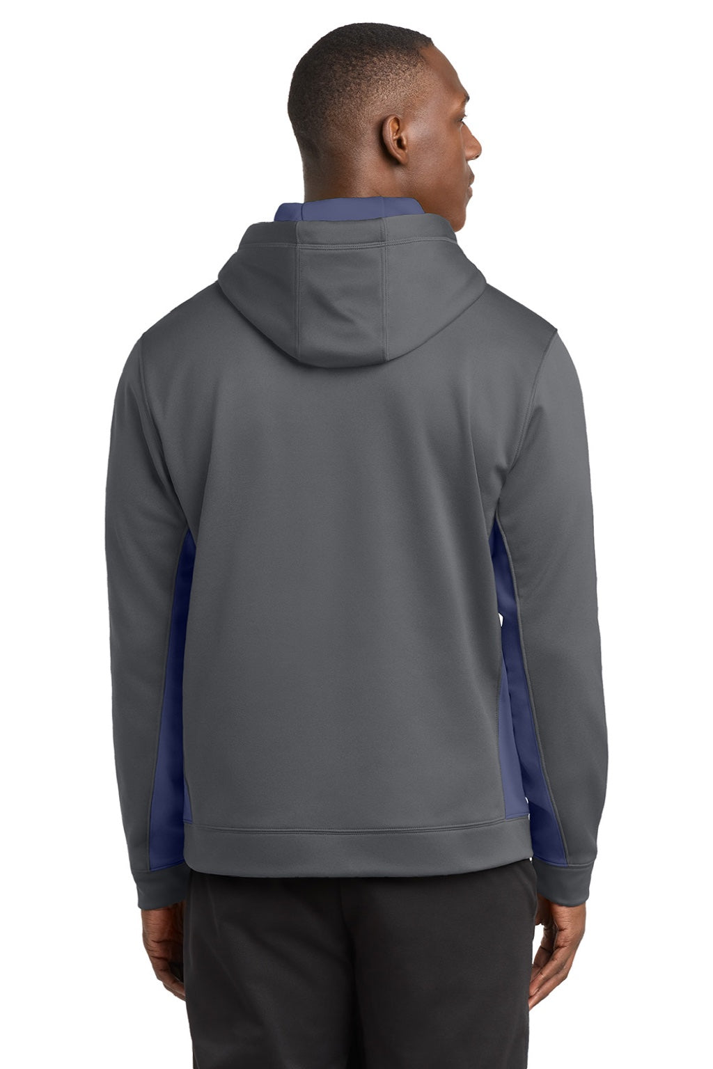 Sport-Tek ST235 Mens Sport-Wick Moisture Wicking Fleece Hooded Sweatshirt Hoodie w/ Pouch Pocket Dark Smoke Grey/Navy Blue Model Back