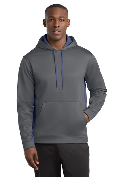 Sport-Tek ST235 Mens Sport-Wick Moisture Wicking Fleece Hooded Sweatshirt Hoodie w/ Pouch Pocket Dark Smoke Grey/Navy Blue Model Front