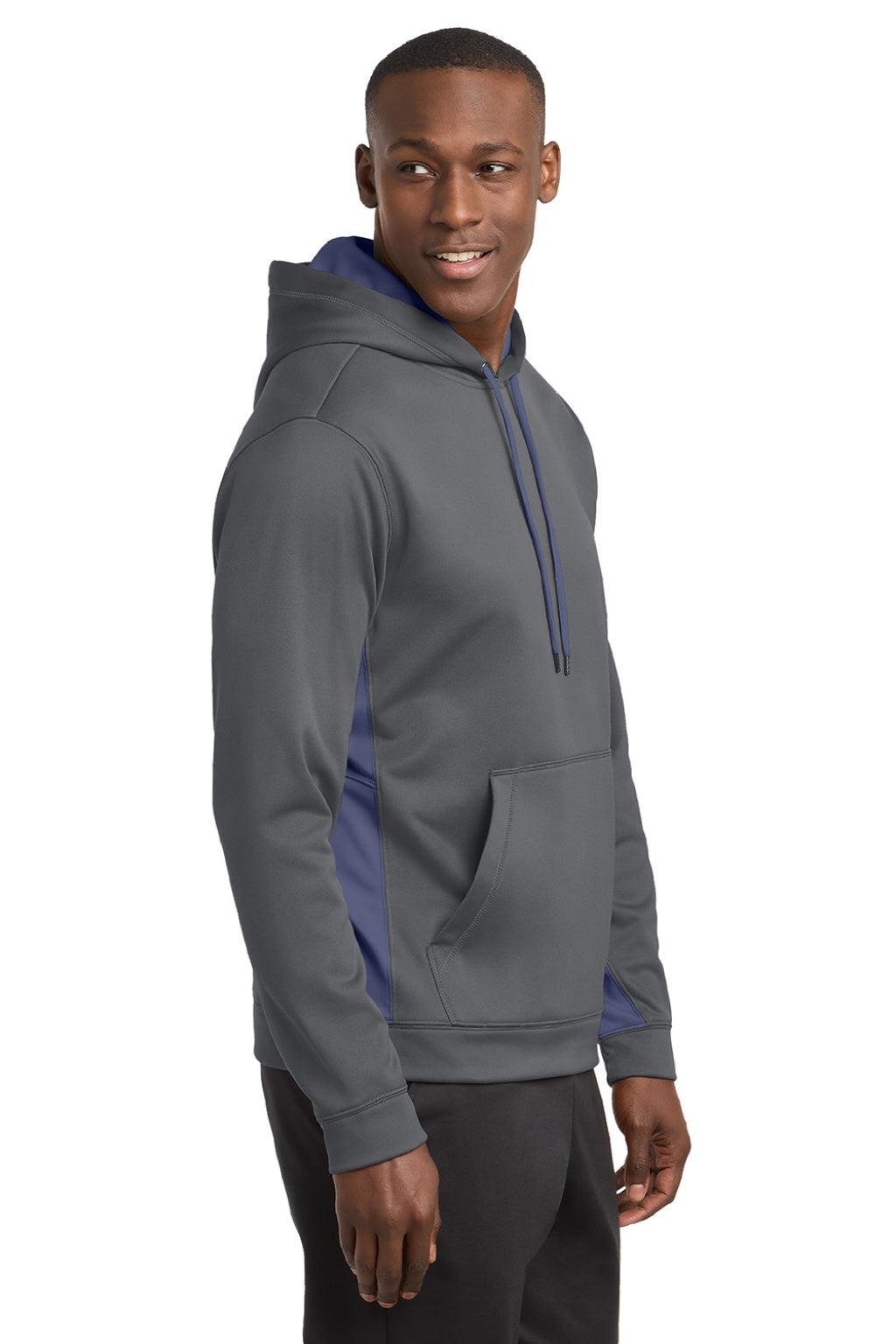 Sport-Tek ST235 Mens Sport-Wick Moisture Wicking Fleece Hooded Sweatshirt Hoodie w/ Pouch Pocket Dark Smoke Grey/Navy Blue Model Side