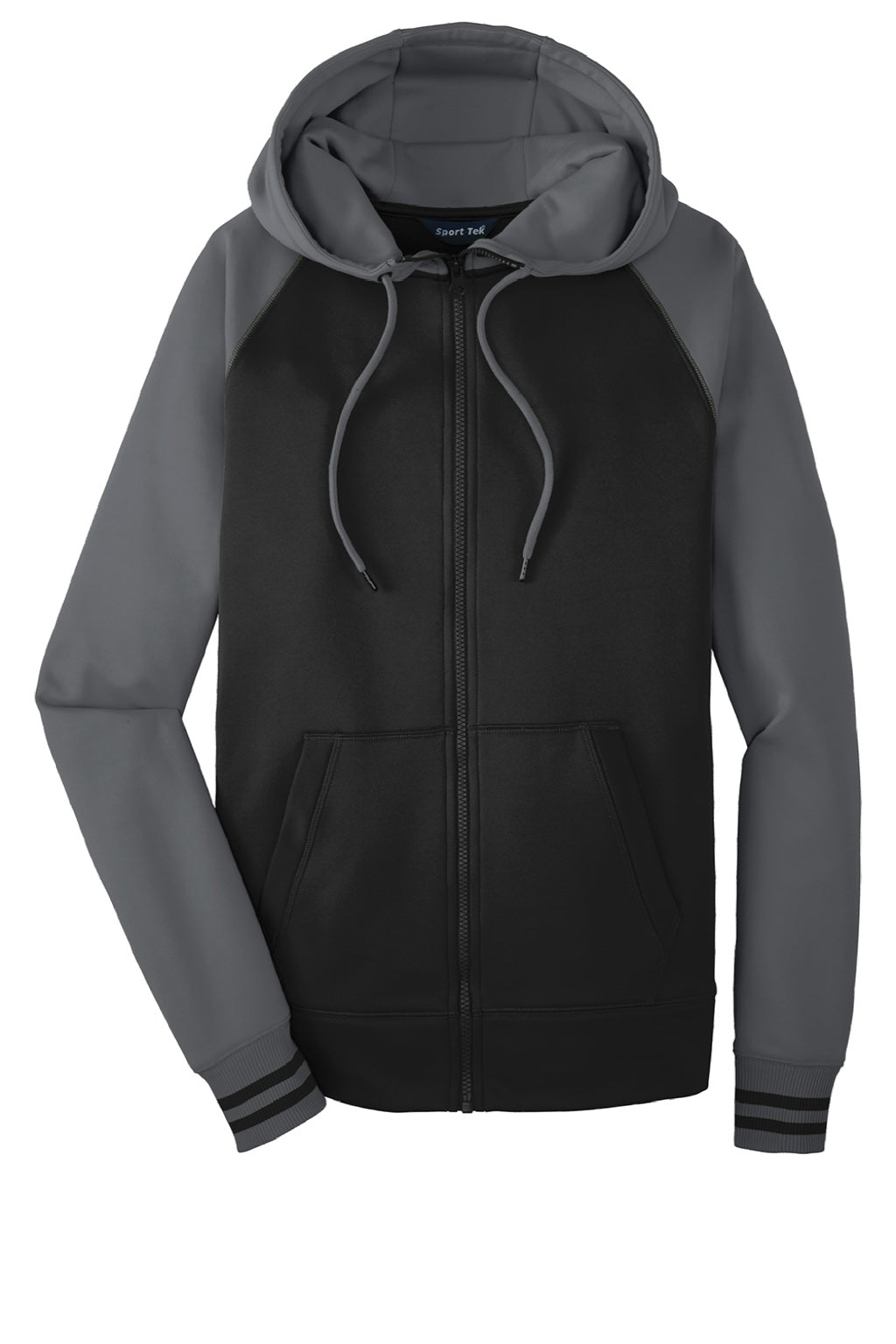 Sport-Tek ST236 Mens Sport-Wick Moisture Wicking Fleece Hooded Sweatshirt Hoodie w/ Pouch Pocket Black/Dark Smoke Grey Flat Front