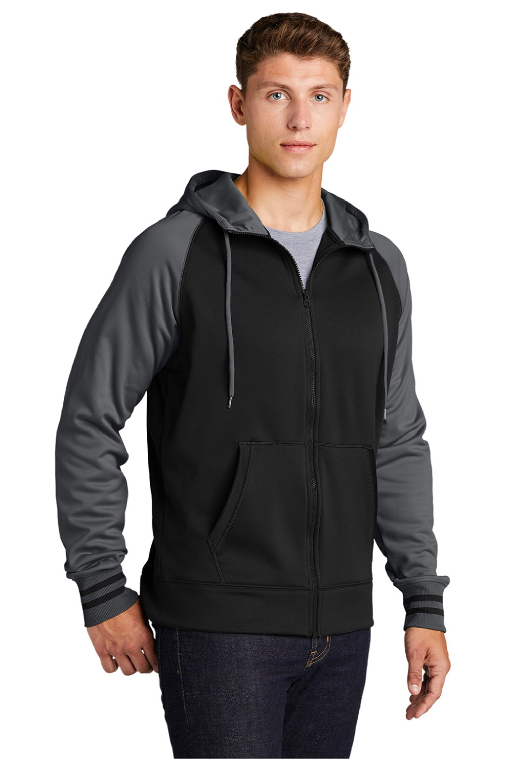 Sport-Tek ST236 Mens Sport-Wick Moisture Wicking Fleece Hooded Sweatshirt Hoodie w/ Pouch Pocket Black/Dark Smoke Grey Model 3q
