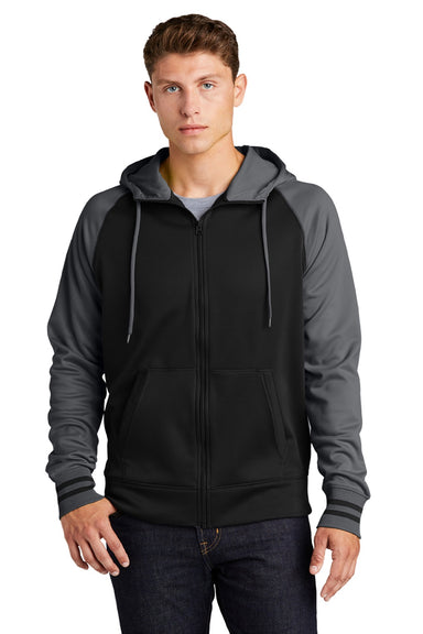 Sport-Tek ST236 Mens Sport-Wick Moisture Wicking Fleece Hooded Sweatshirt Hoodie w/ Pouch Pocket Black/Dark Smoke Grey Model Front