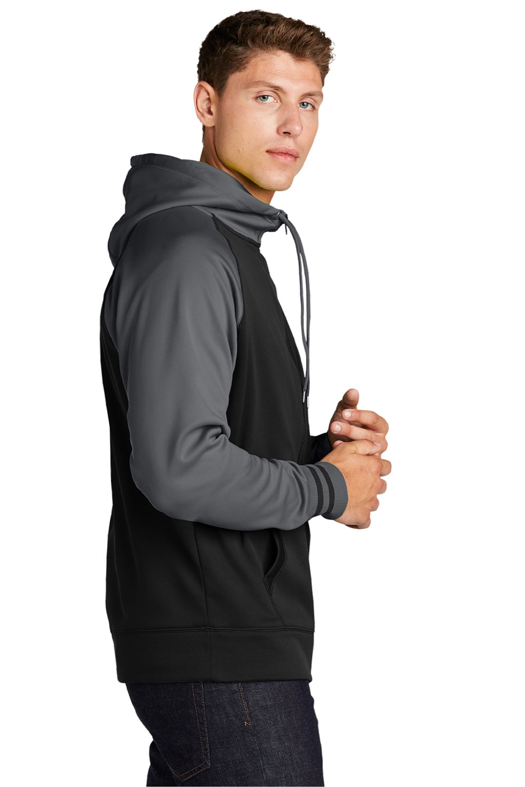 Sport-Tek ST236 Mens Sport-Wick Moisture Wicking Fleece Hooded Sweatshirt Hoodie w/ Pouch Pocket Black/Dark Smoke Grey Model Side