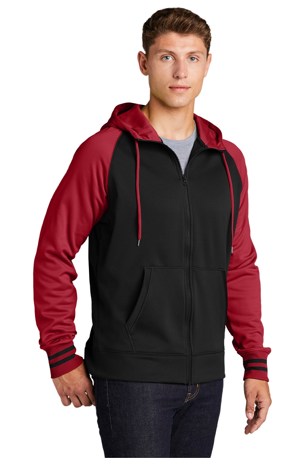 Sport-Tek ST236 Mens Sport-Wick Moisture Wicking Fleece Hooded Sweatshirt Hoodie w/ Pouch Pocket Black/Deep Red Model 3q