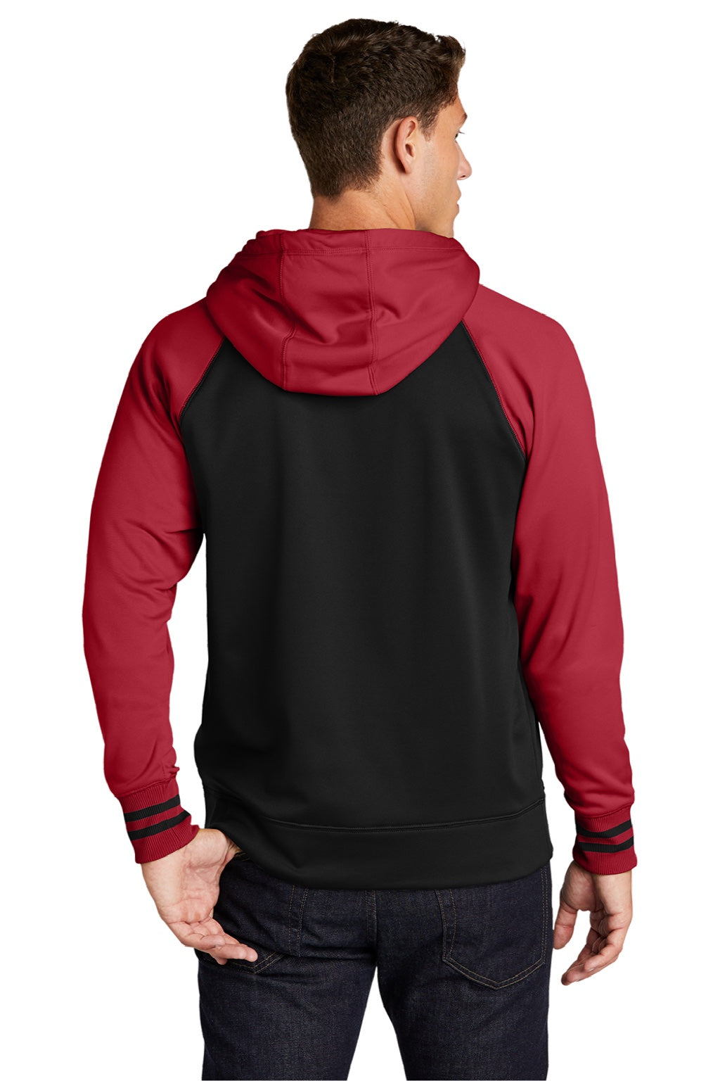 Sport-Tek ST236 Mens Sport-Wick Moisture Wicking Fleece Hooded Sweatshirt Hoodie w/ Pouch Pocket Black/Deep Red Model Back