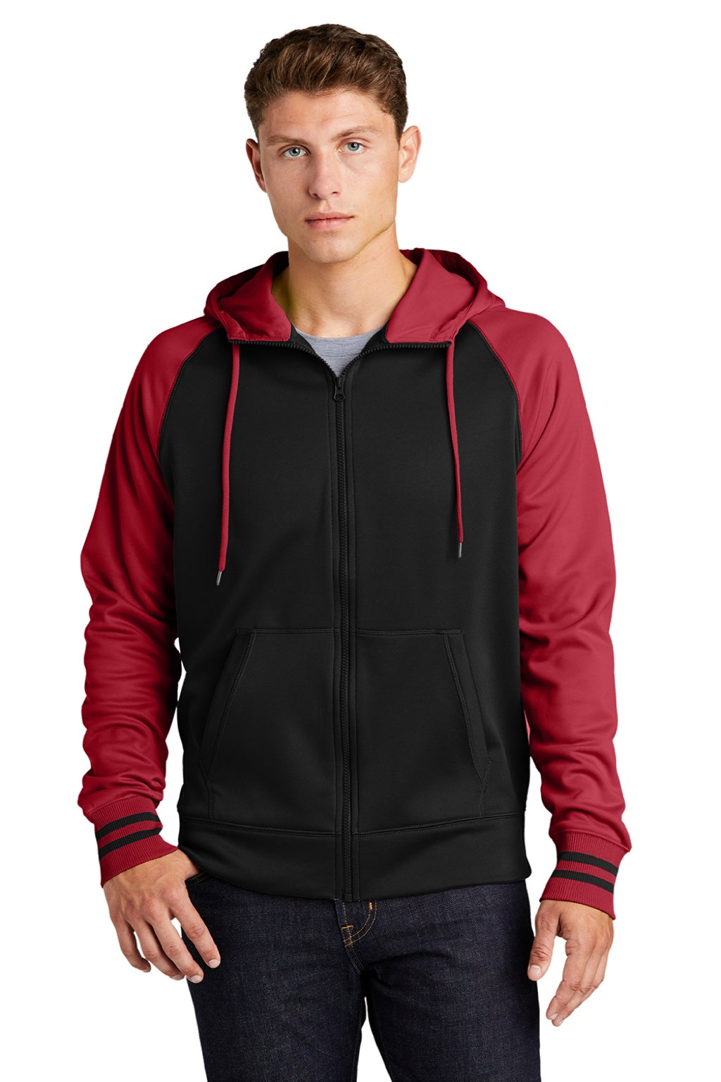 Sport-Tek ST236 Mens Sport-Wick Moisture Wicking Fleece Hooded Sweatshirt Hoodie w/ Pouch Pocket Black/Deep Red Model Front