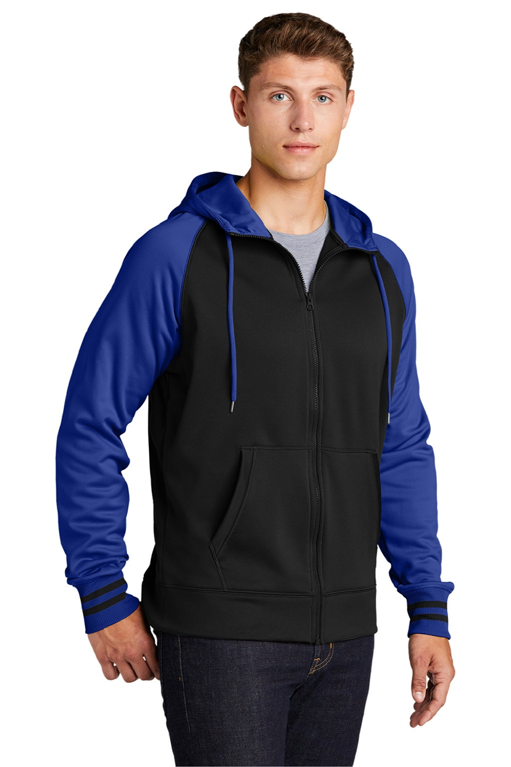 Sport-Tek ST236 Mens Sport-Wick Moisture Wicking Fleece Hooded Sweatshirt Hoodie w/ Pouch Pocket Black/True Royal Blue Model 3q