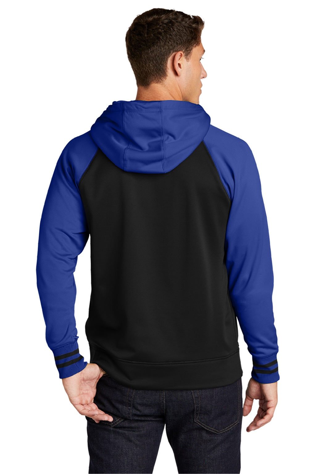 Sport-Tek ST236 Mens Sport-Wick Moisture Wicking Fleece Hooded Sweatshirt Hoodie w/ Pouch Pocket Black/True Royal Blue Model Back
