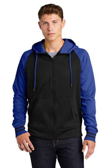 Sport-Tek ST236 Mens Sport-Wick Moisture Wicking Fleece Hooded Sweatshirt Hoodie w/ Pouch Pocket Black/True Royal Blue Model Front