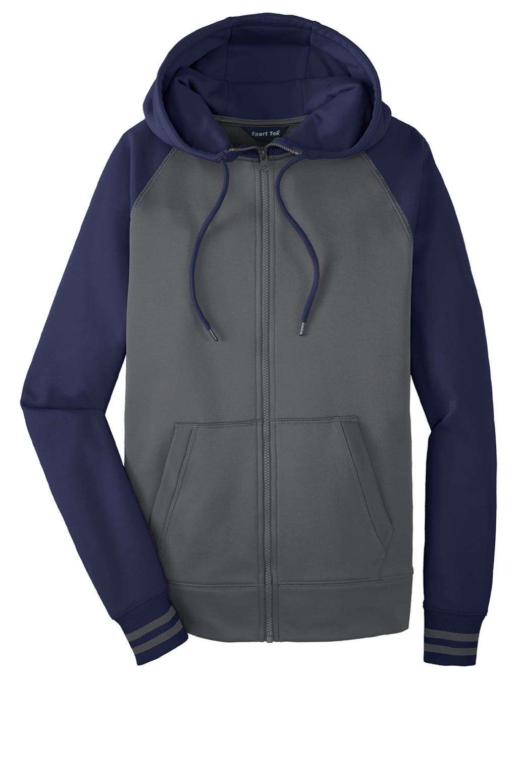 Sport-Tek ST236 Mens Sport-Wick Moisture Wicking Fleece Hooded Sweatshirt Hoodie w/ Pouch Pocket Dark Smoke Grey/Navy Blue Flat Front