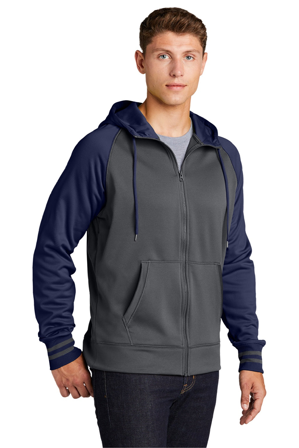 Sport-Tek ST236 Mens Sport-Wick Moisture Wicking Fleece Hooded Sweatshirt Hoodie w/ Pouch Pocket Dark Smoke Grey/Navy Blue Model 3q