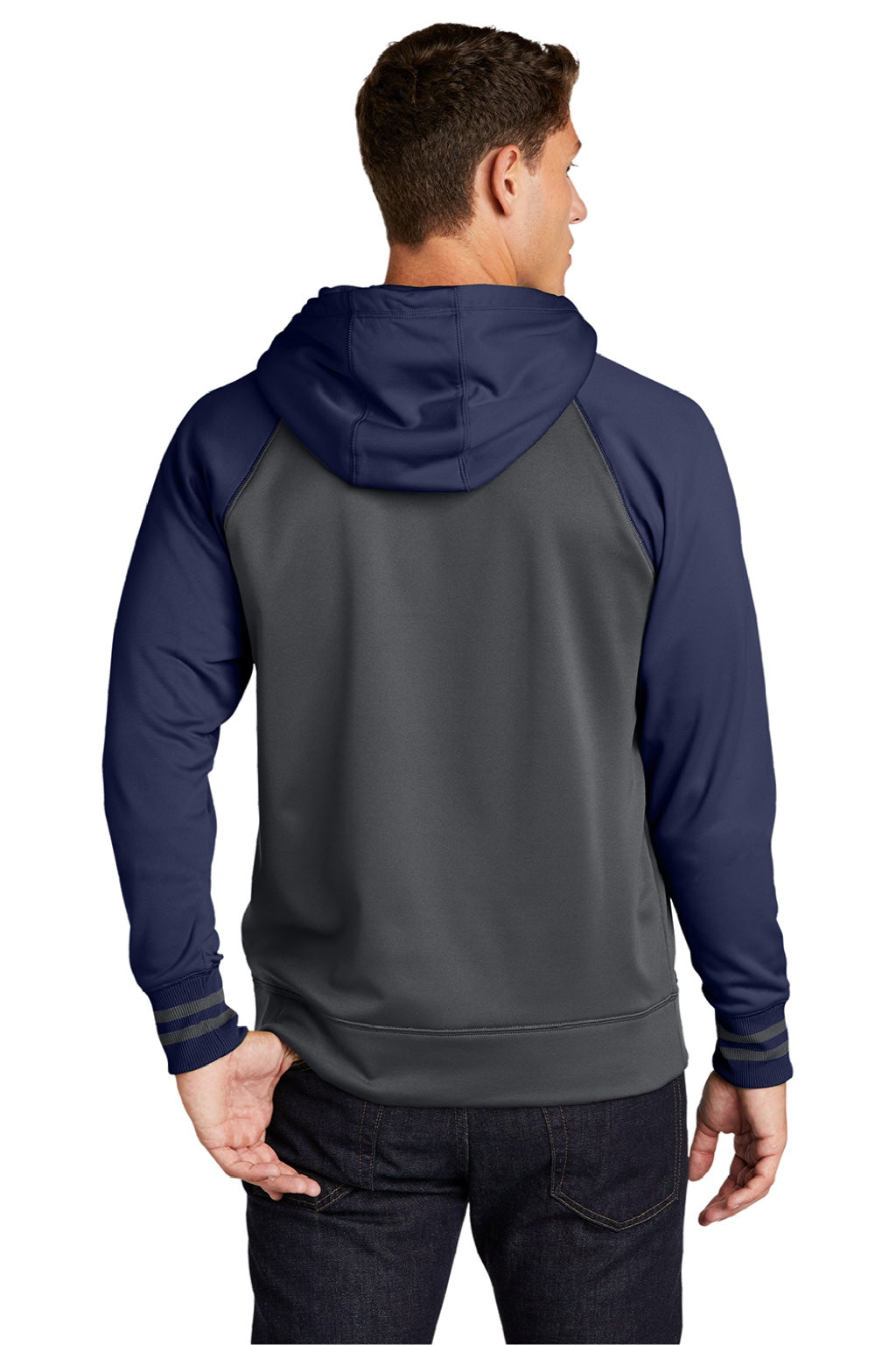 Sport-Tek ST236 Mens Sport-Wick Moisture Wicking Fleece Hooded Sweatshirt Hoodie w/ Pouch Pocket Dark Smoke Grey/Navy Blue Model Back