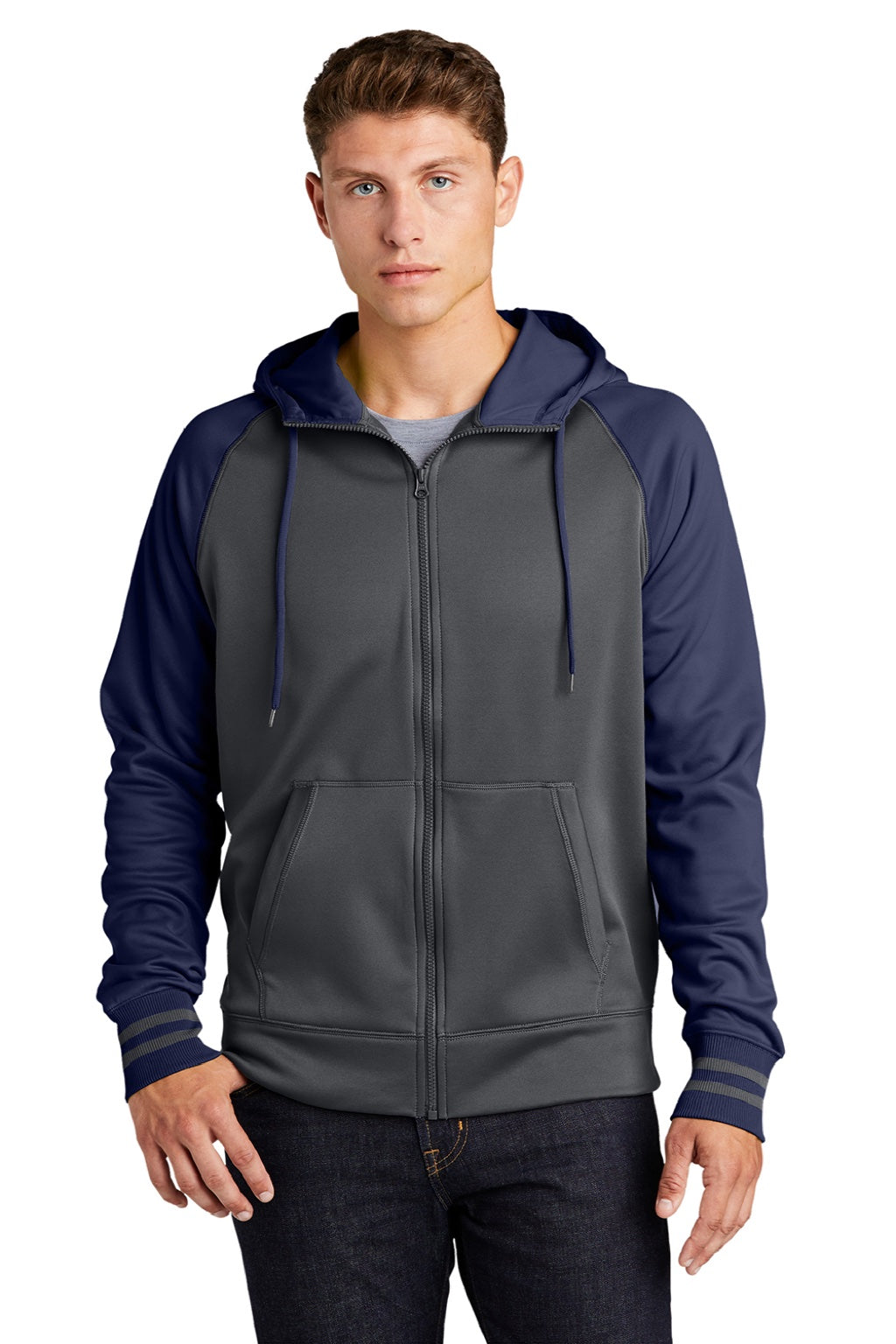 Sport-Tek ST236 Mens Sport-Wick Moisture Wicking Fleece Hooded Sweatshirt Hoodie w/ Pouch Pocket Dark Smoke Grey/Navy Blue Model Front