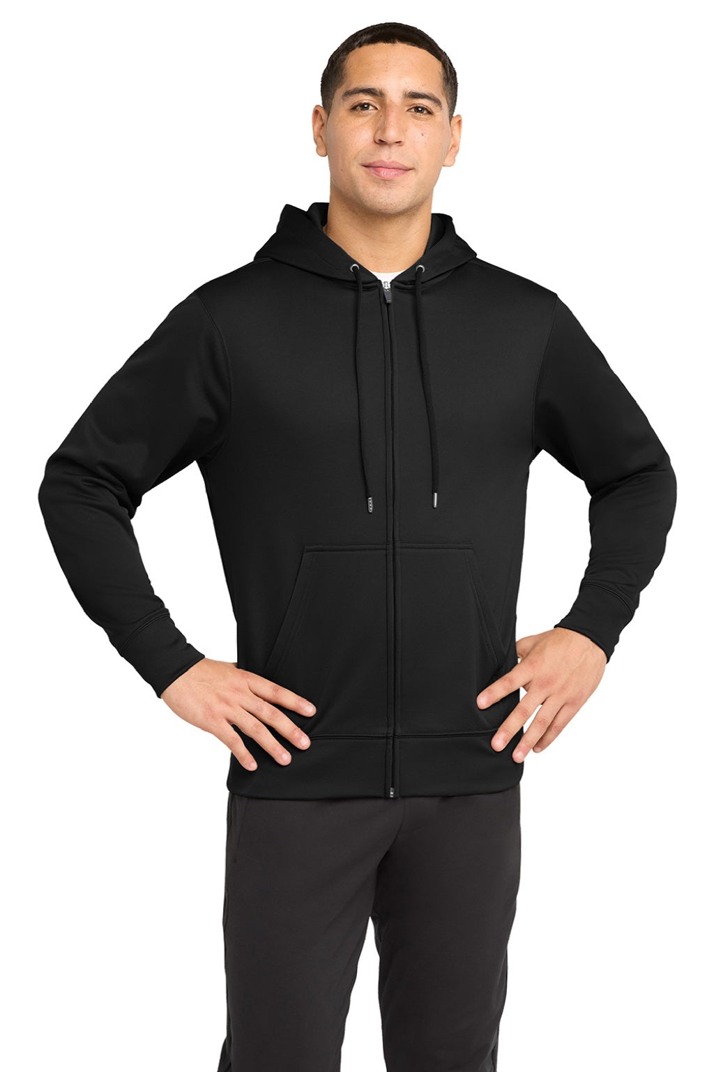 Sport-Tek ST238 Mens Sport-Wick Moisture Wicking Fleece Full Zip Hooded Sweatshirt Hoodie w/ Pouch Pocket Black Model Front