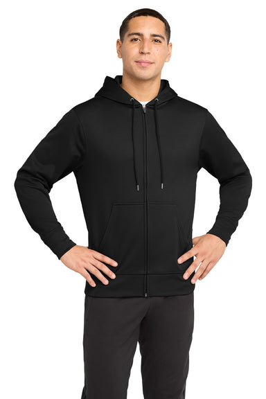 Sport-Tek ST238 Mens Sport-Wick Moisture Wicking Fleece Full Zip Hooded Sweatshirt Hoodie w/ Pouch Pocket Black Model Front