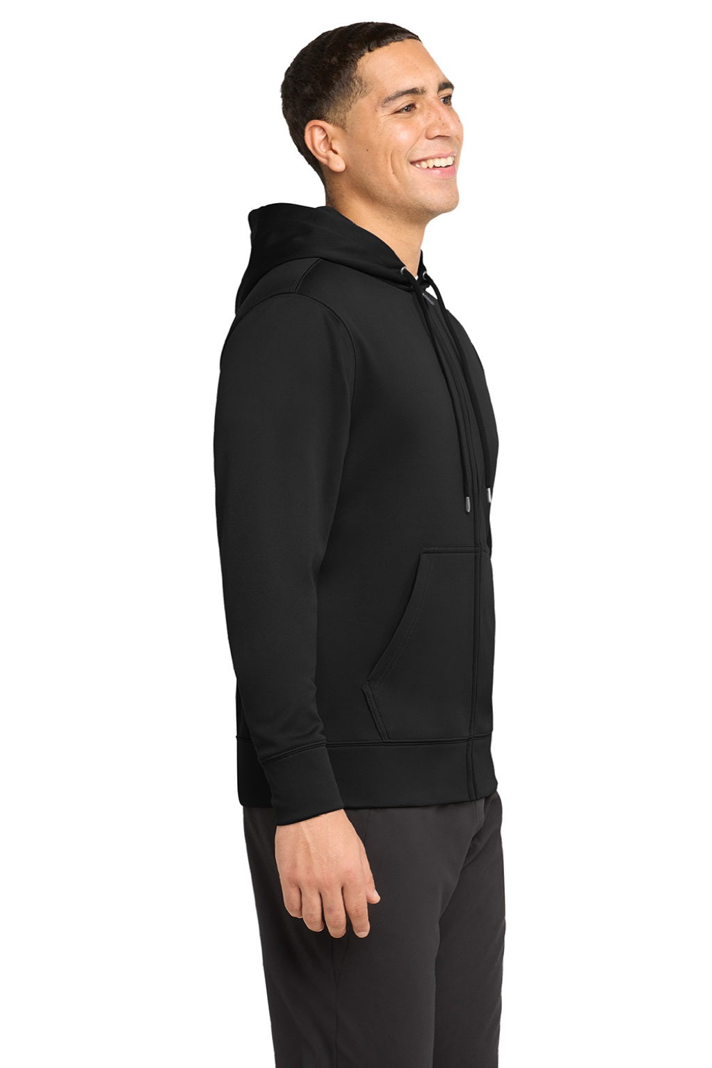 Sport-Tek ST238 Mens Sport-Wick Moisture Wicking Fleece Full Zip Hooded Sweatshirt Hoodie w/ Pouch Pocket Black Model Side