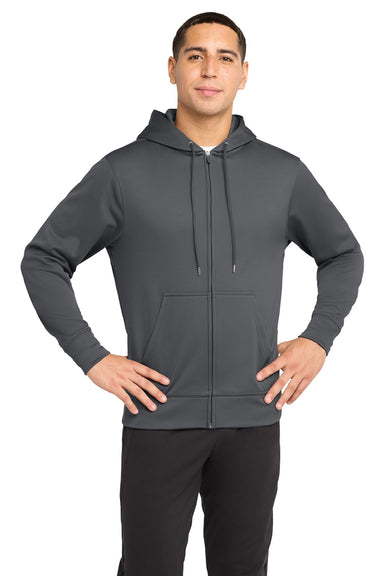 Sport-Tek ST238 Mens Sport-Wick Moisture Wicking Fleece Full Zip Hooded Sweatshirt Hoodie w/ Pouch Pocket Dark Smoke Grey Model Front