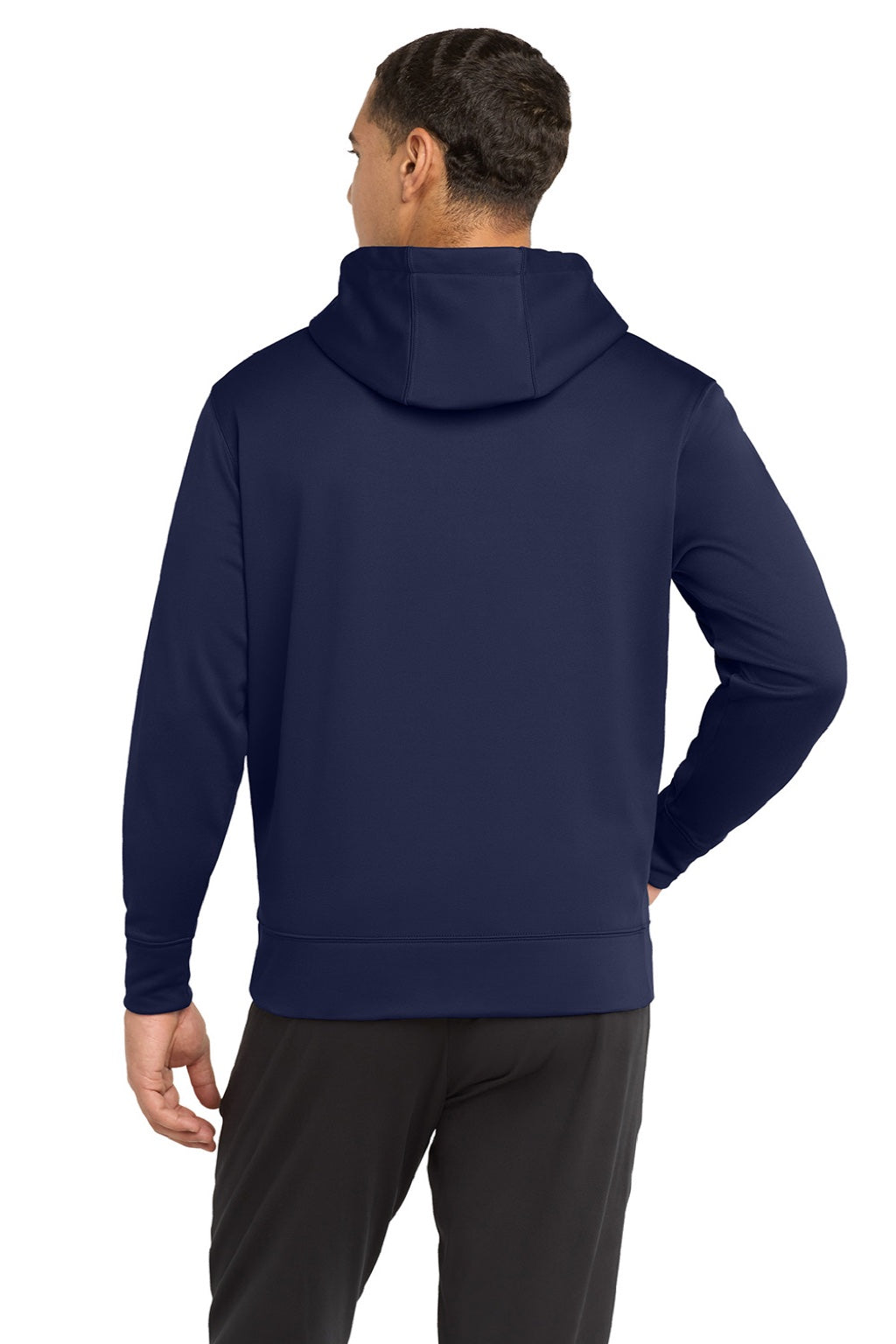 Sport-Tek ST238 Mens Sport-Wick Moisture Wicking Fleece Full Zip Hooded Sweatshirt Hoodie w/ Pouch Pocket Navy Blue Model Back