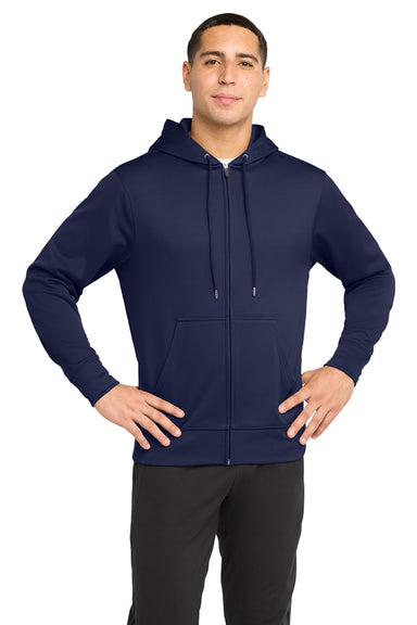 Sport-Tek ST238 Mens Sport-Wick Moisture Wicking Fleece Full Zip Hooded Sweatshirt Hoodie w/ Pouch Pocket Navy Blue Model Front