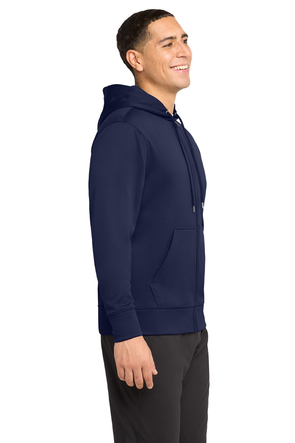 Sport-Tek ST238 Mens Sport-Wick Moisture Wicking Fleece Full Zip Hooded Sweatshirt Hoodie w/ Pouch Pocket Navy Blue Model Side