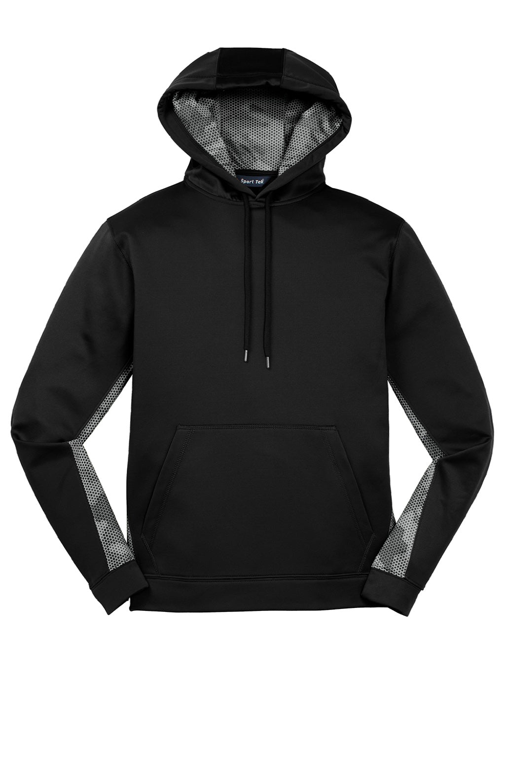 Sport-Tek ST239 Mens Sport-Wick CamoHex Moisture Wicking Fleece Hooded Sweatshirt Hoodie w/ Pouch Pocket Black/Dark Smoke Grey Flat Front