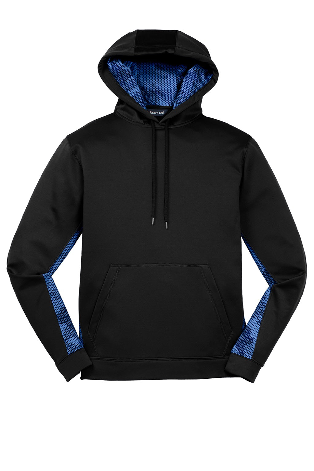 Sport-Tek ST239 Mens Sport-Wick CamoHex Moisture Wicking Fleece Hooded Sweatshirt Hoodie w/ Pouch Pocket Black/True Royal Blue Flat Front