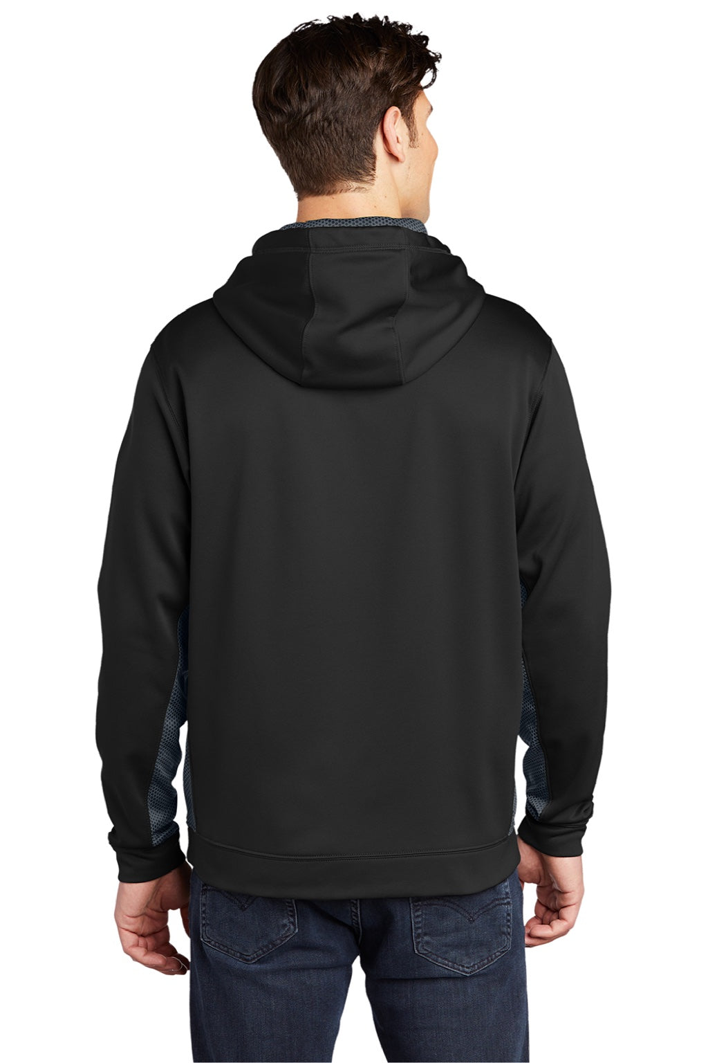 Sport-Tek ST239 Mens Sport-Wick CamoHex Moisture Wicking Fleece Hooded Sweatshirt Hoodie w/ Pouch Pocket Black/Dark Smoke Grey Model Back