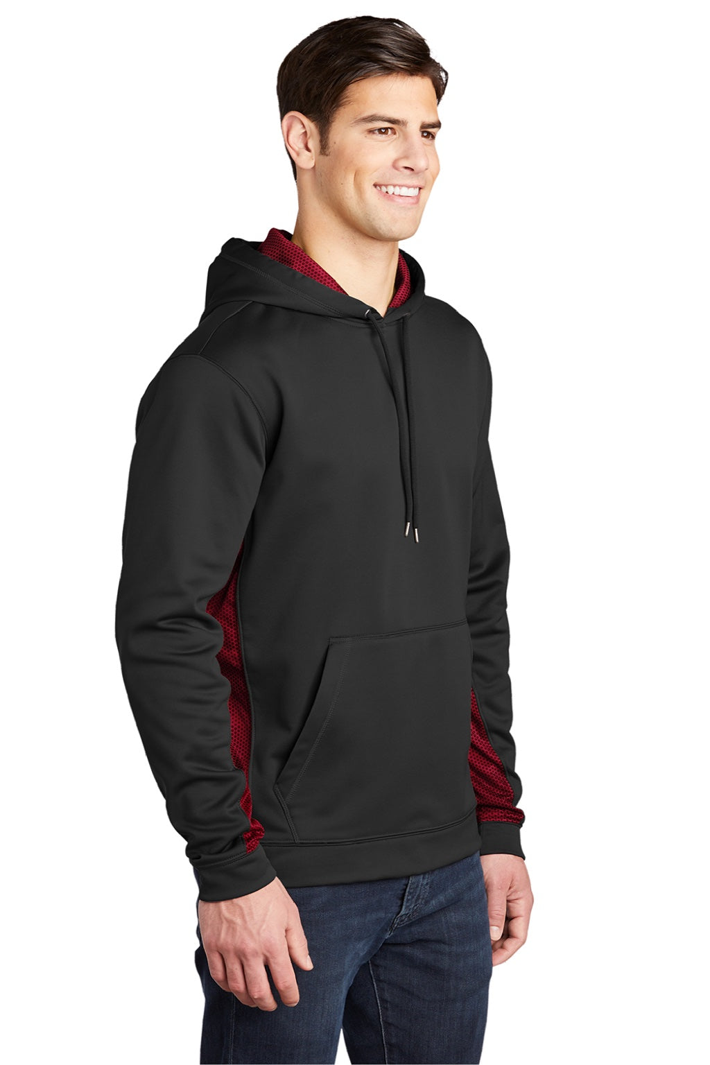 Sport-Tek ST239 Mens Sport-Wick CamoHex Moisture Wicking Fleece Hooded Sweatshirt Hoodie w/ Pouch Pocket Black/Deep Red Model 3q