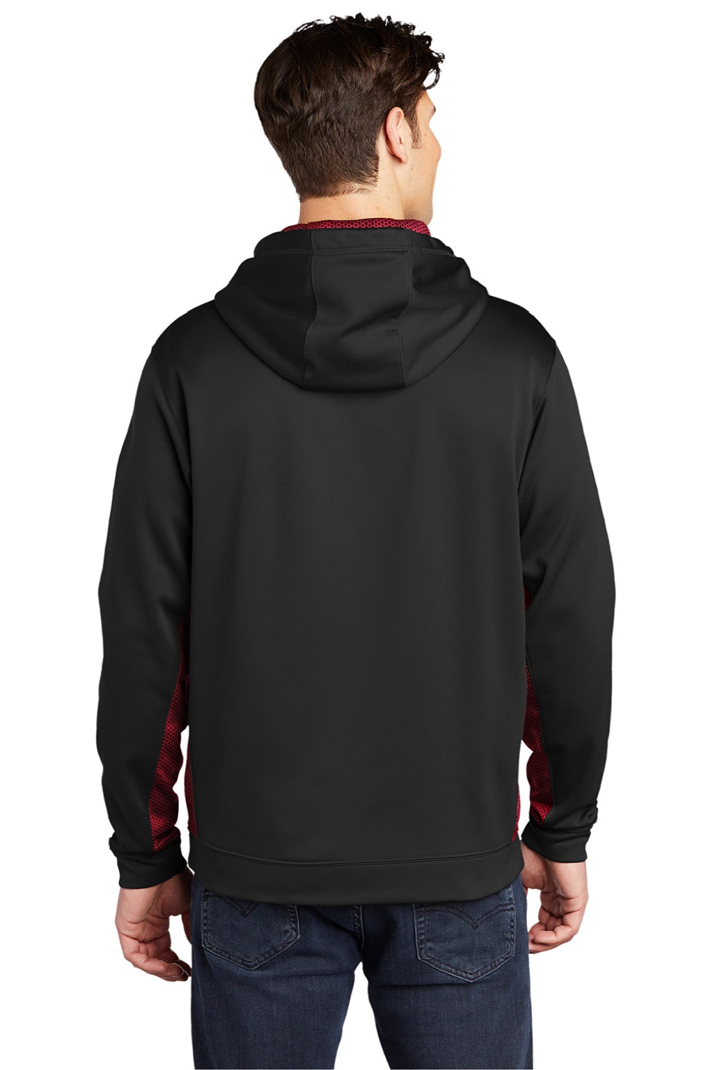 Sport-Tek ST239 Mens Sport-Wick CamoHex Moisture Wicking Fleece Hooded Sweatshirt Hoodie w/ Pouch Pocket Black/Deep Red Model Back