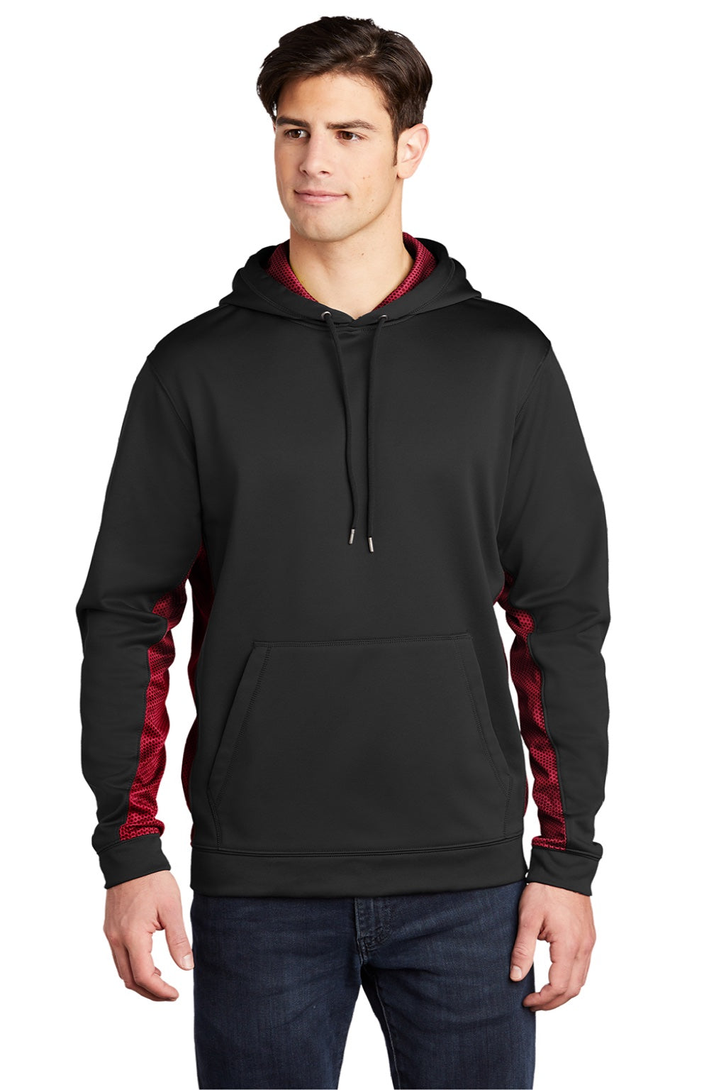 Sport-Tek ST239 Mens Sport-Wick CamoHex Moisture Wicking Fleece Hooded Sweatshirt Hoodie w/ Pouch Pocket Black/Deep Red Model Front