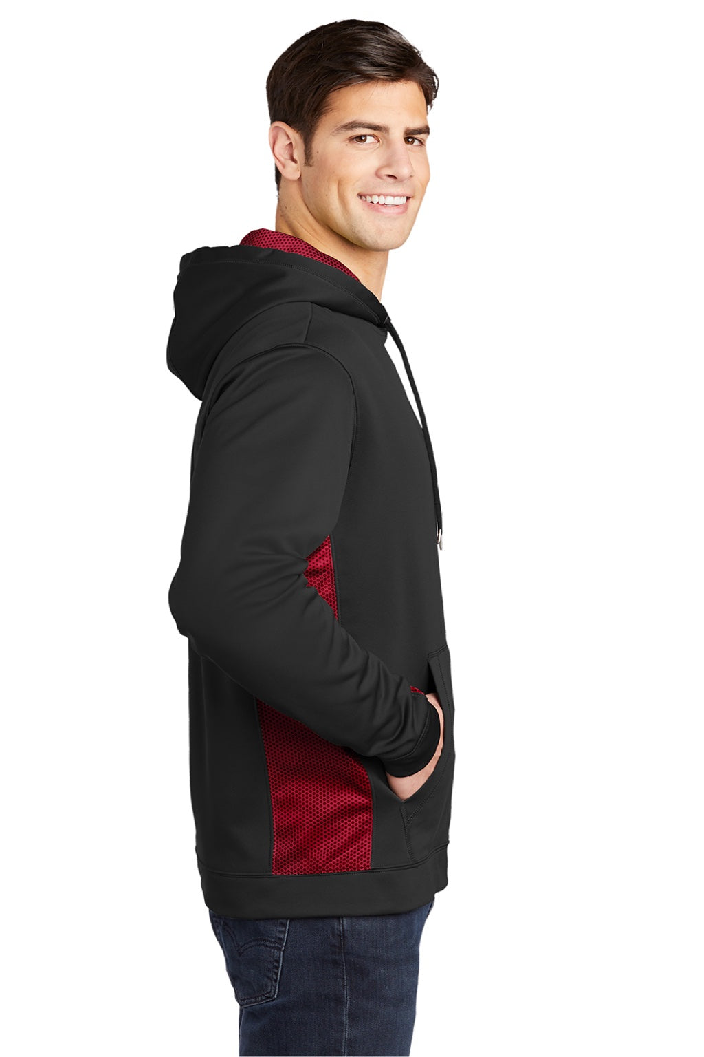 Sport-Tek ST239 Mens Sport-Wick CamoHex Moisture Wicking Fleece Hooded Sweatshirt Hoodie w/ Pouch Pocket Black/Deep Red Model Side