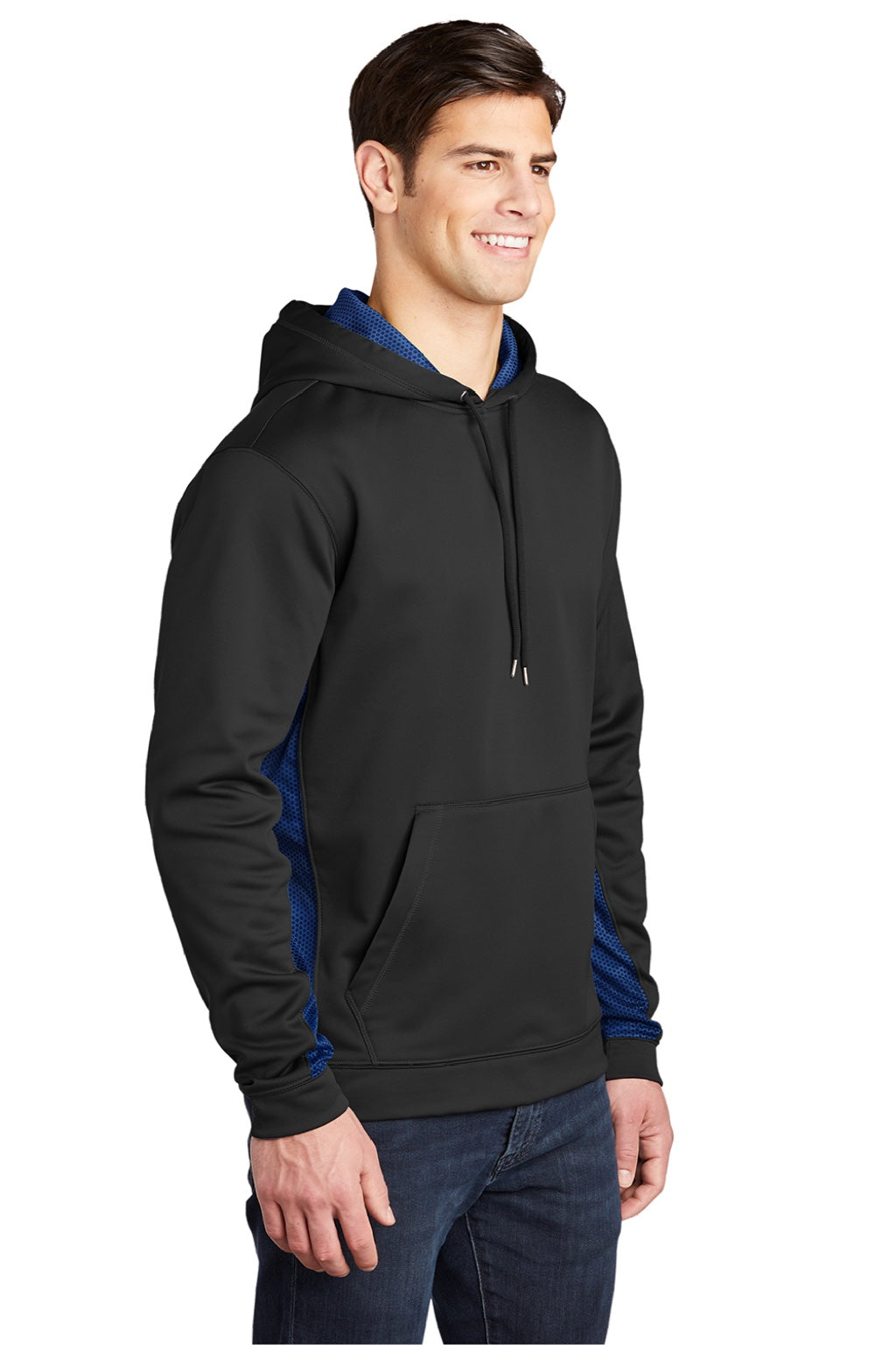 Sport-Tek ST239 Mens Sport-Wick CamoHex Moisture Wicking Fleece Hooded Sweatshirt Hoodie w/ Pouch Pocket Black/True Royal Blue Model 3q