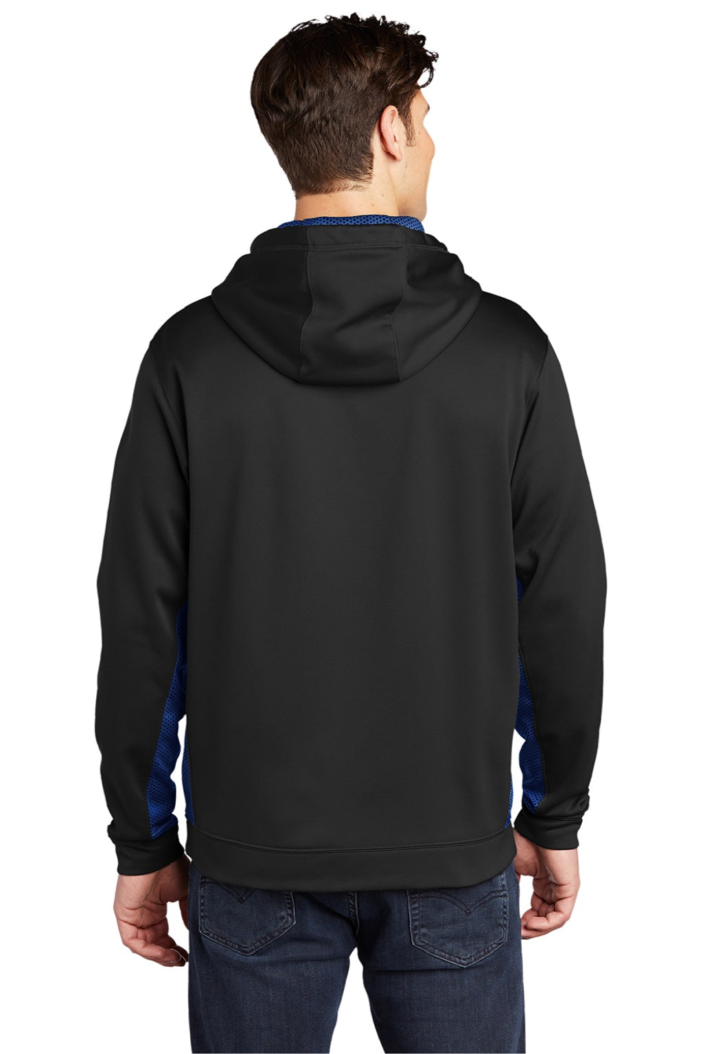 Sport-Tek ST239 Mens Sport-Wick CamoHex Moisture Wicking Fleece Hooded Sweatshirt Hoodie w/ Pouch Pocket Black/True Royal Blue Model Back